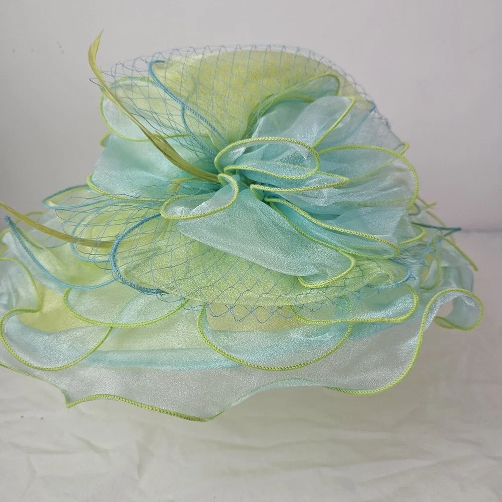 Forbusite Hat Womens Yellow Green Derby Church Easter Wide Brim Tea Garden Party